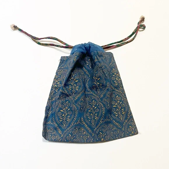 Chan Luu Drawstring Jewelry Travel or Gift Pouch Blue & Gold | 6” x 6” - Picture 4 of 9